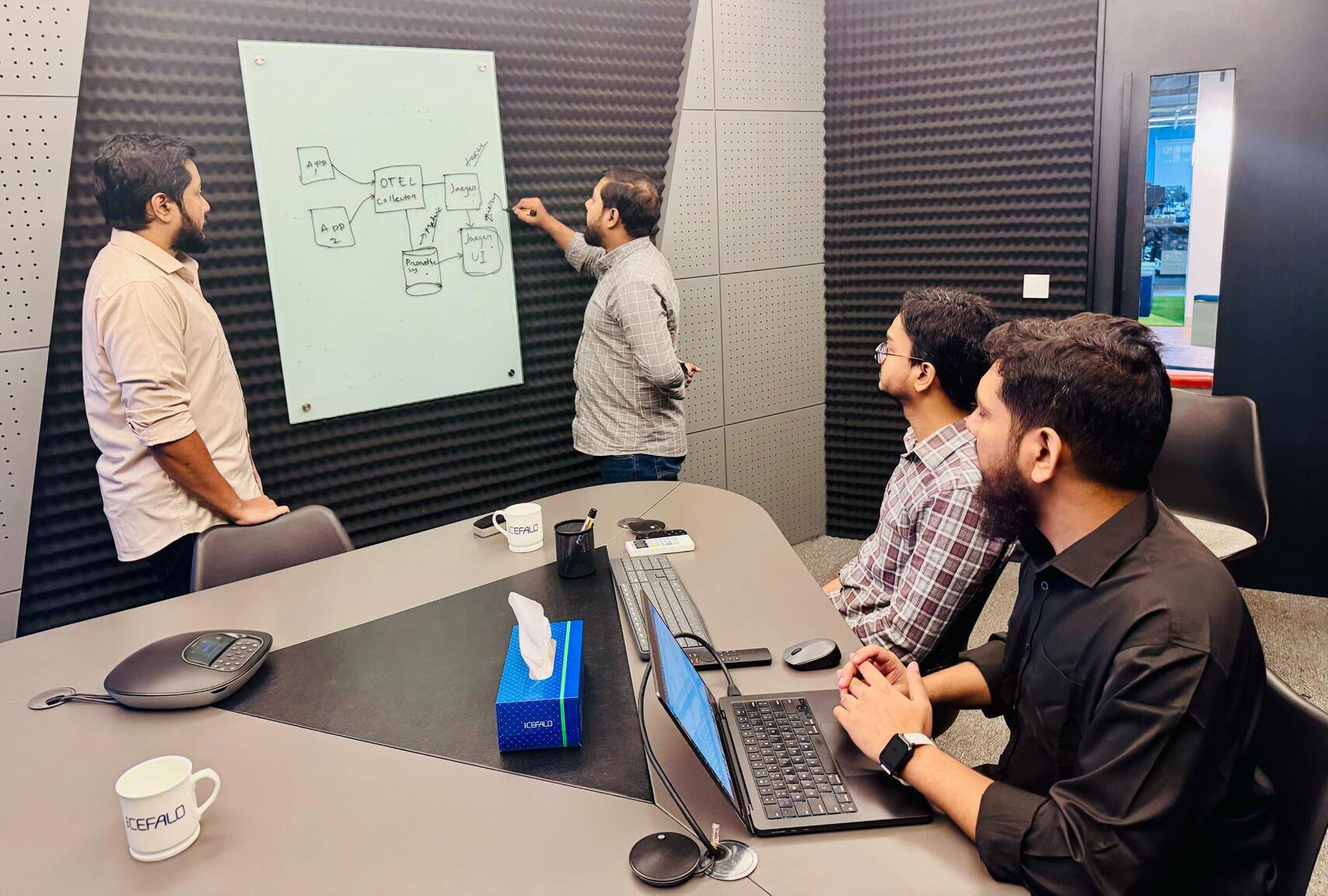 Fire menn har et teknisk møte i et møterom med lyddempende vegger. Én person står ved en whiteboard og tegner et diagram, mens de andre sitter rundt bordet og følger med. På bordet ligger bærbare PC-er, kaffekopper med Cefalo-logo og en eske med papirlommetørklær.